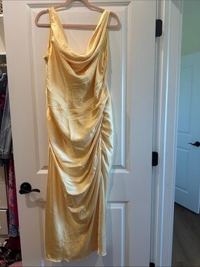 Abercrombie Satin Drape Cowl Neck Slip Dress in Soft Yellow